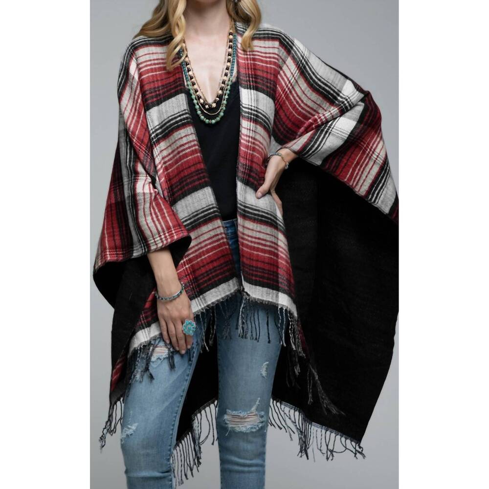 NEW RUGGIE women's tassel checked poncho in winter berry